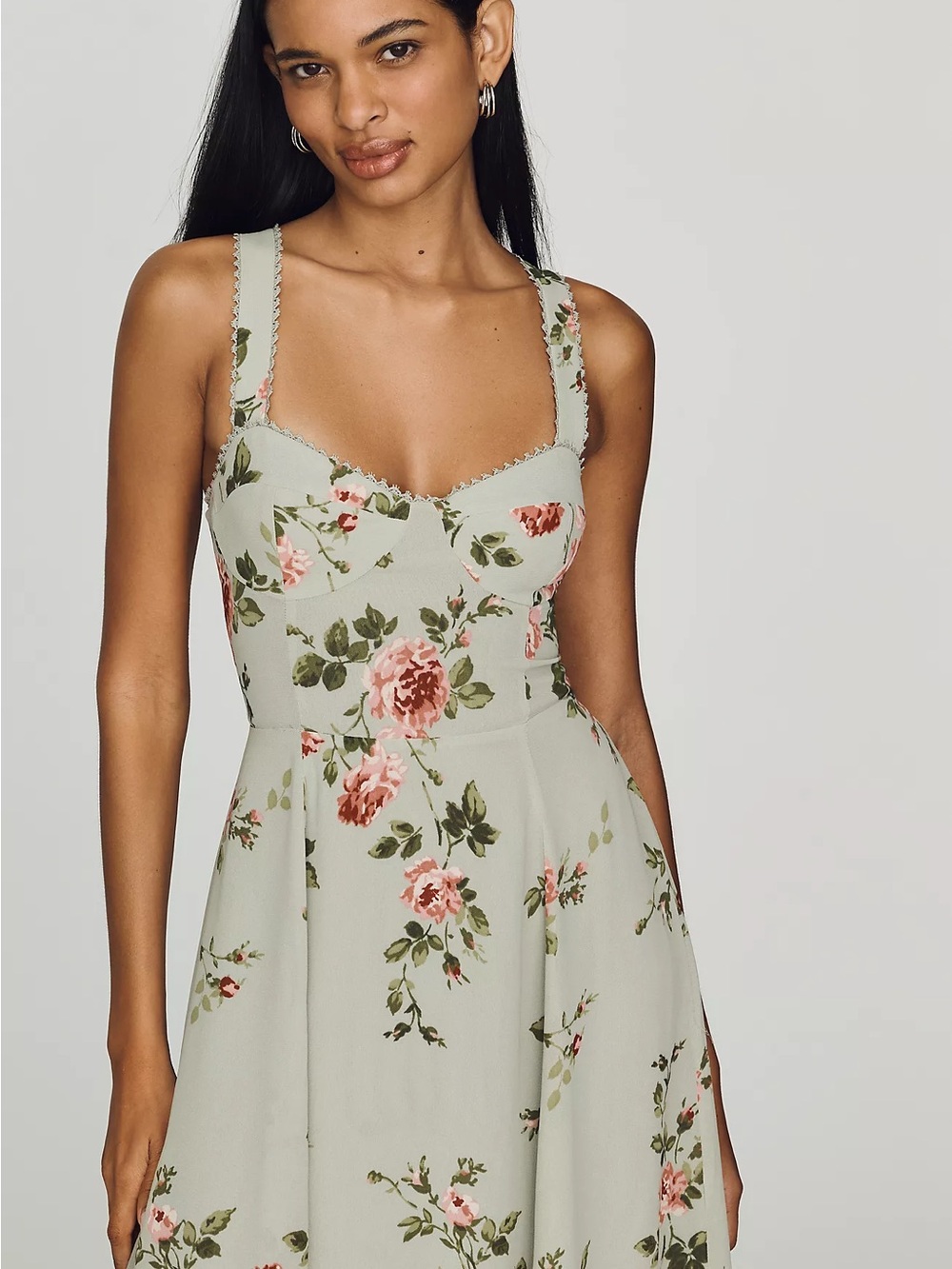 Reformation Sage Green Floral Sweetheart Midi Dress